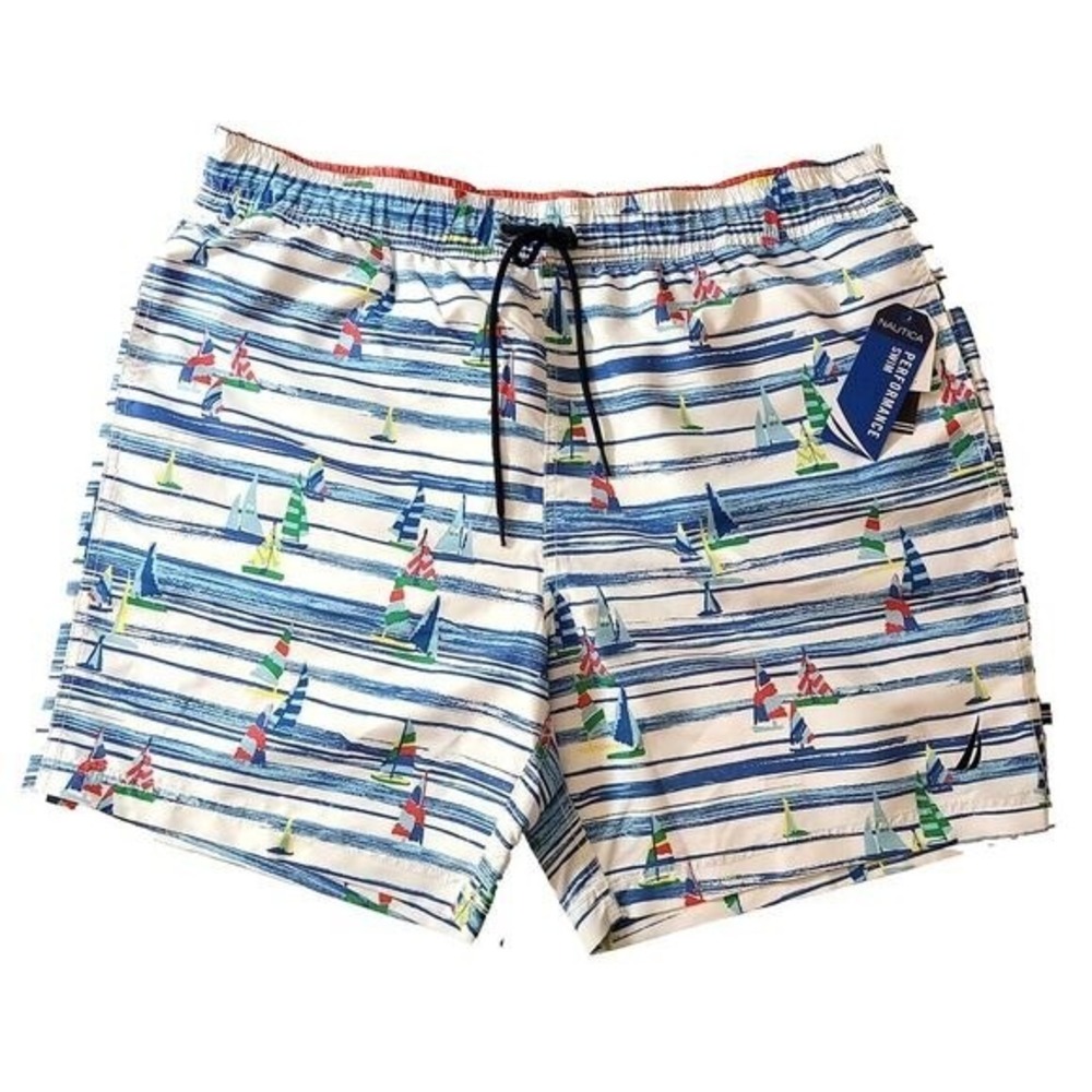 Nautica Swim Trunks Mens‎ 2XL White Sailboat Print 8" Quick-Dry NEW